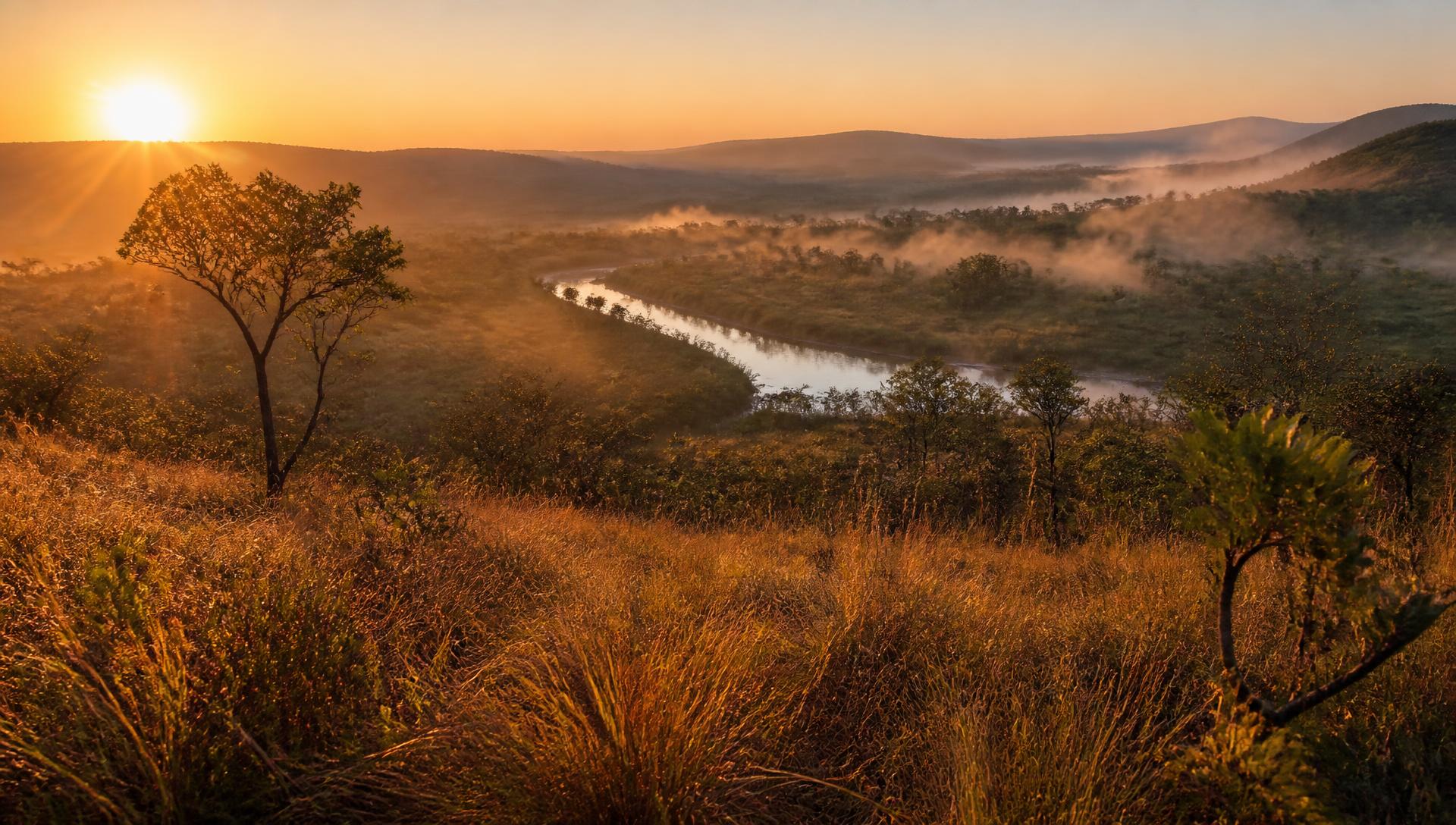 Amanhecer no cerrado brasileiro com neblina sobre o rio