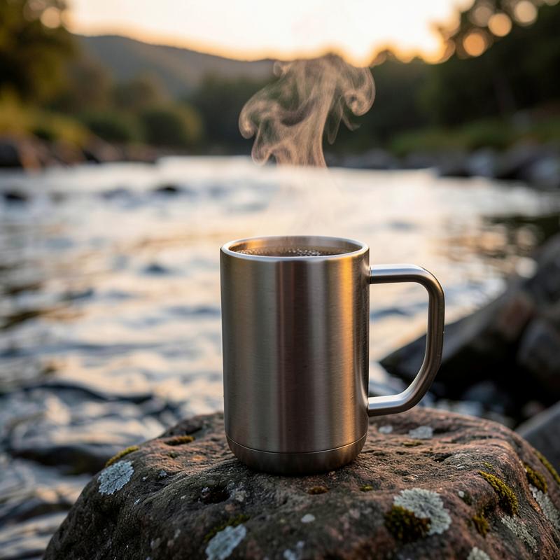 Caneca térmica com café na beira do rio