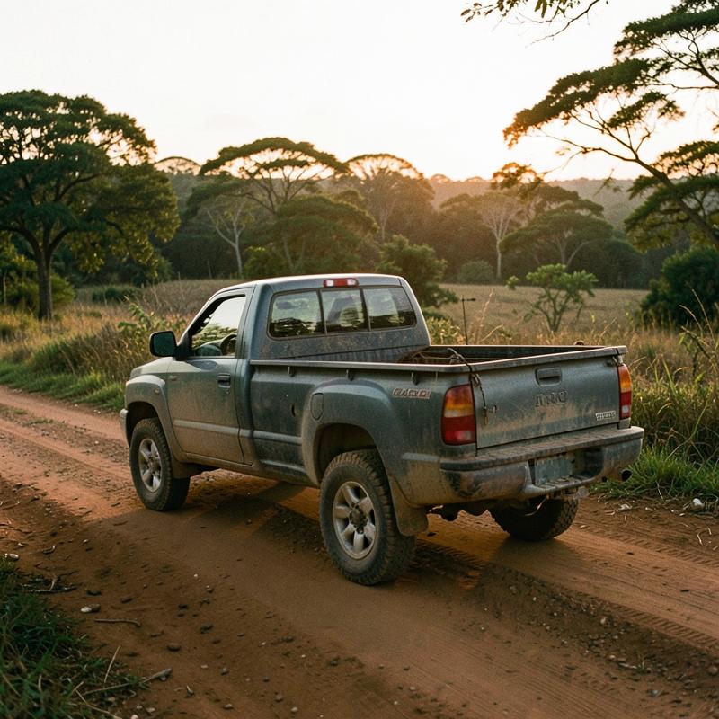 Caminhonete em estrada de terra ao amanhecer