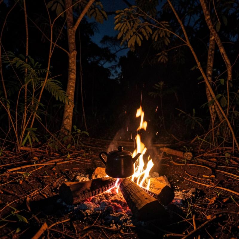 Bule no fogo durante acampamento noturno